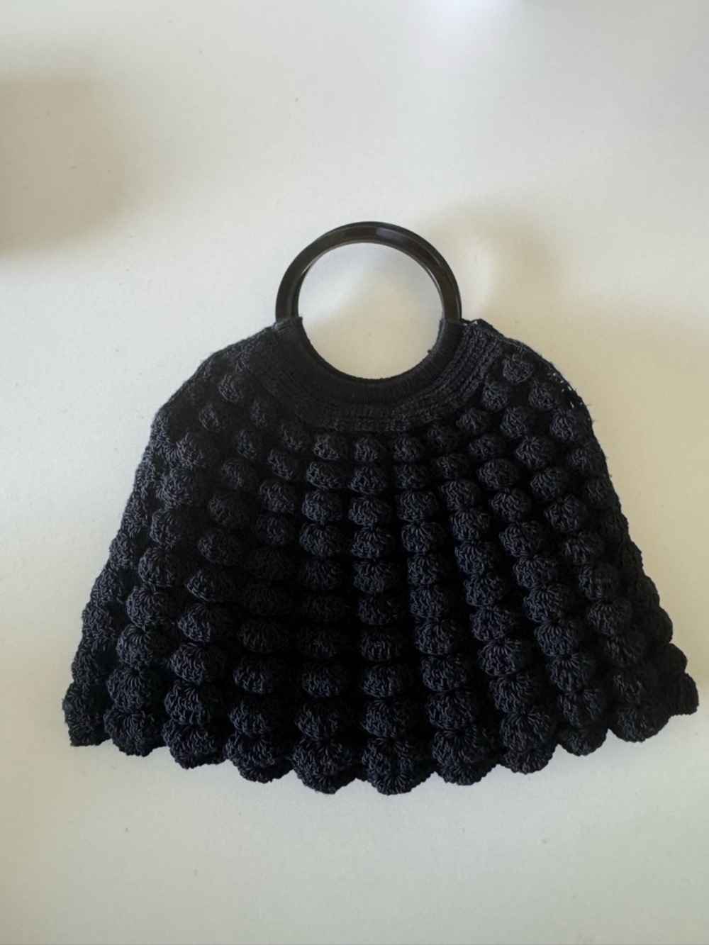 Vintage Black Popcorn Crochet Handbag Round Top Handles | Bobble Stitch Purse